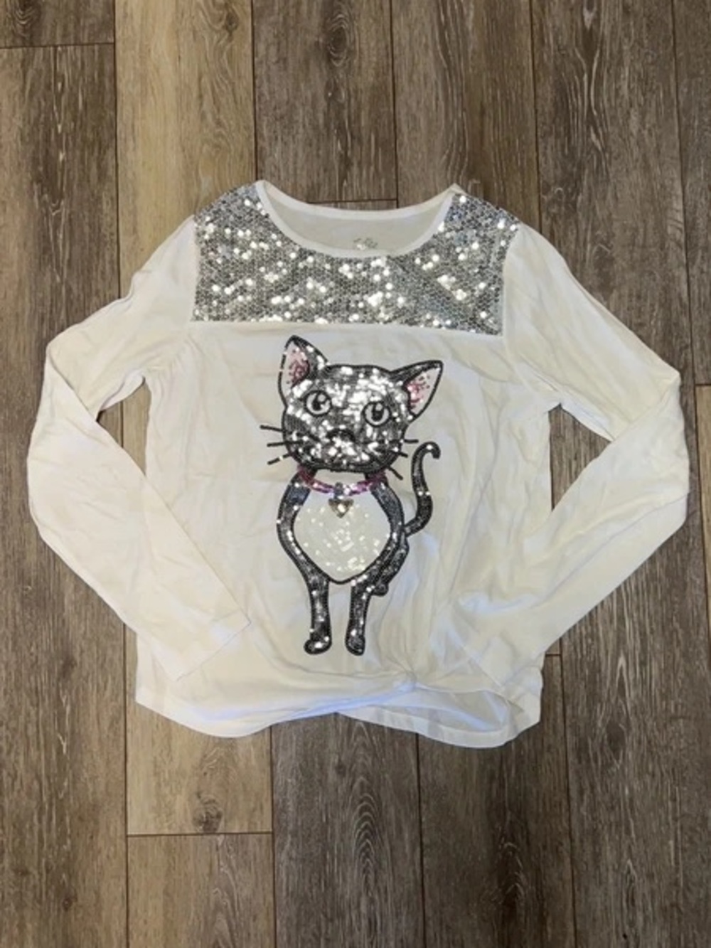 adidas White Long-Sleeve Tee with Sequin Cat Graphic